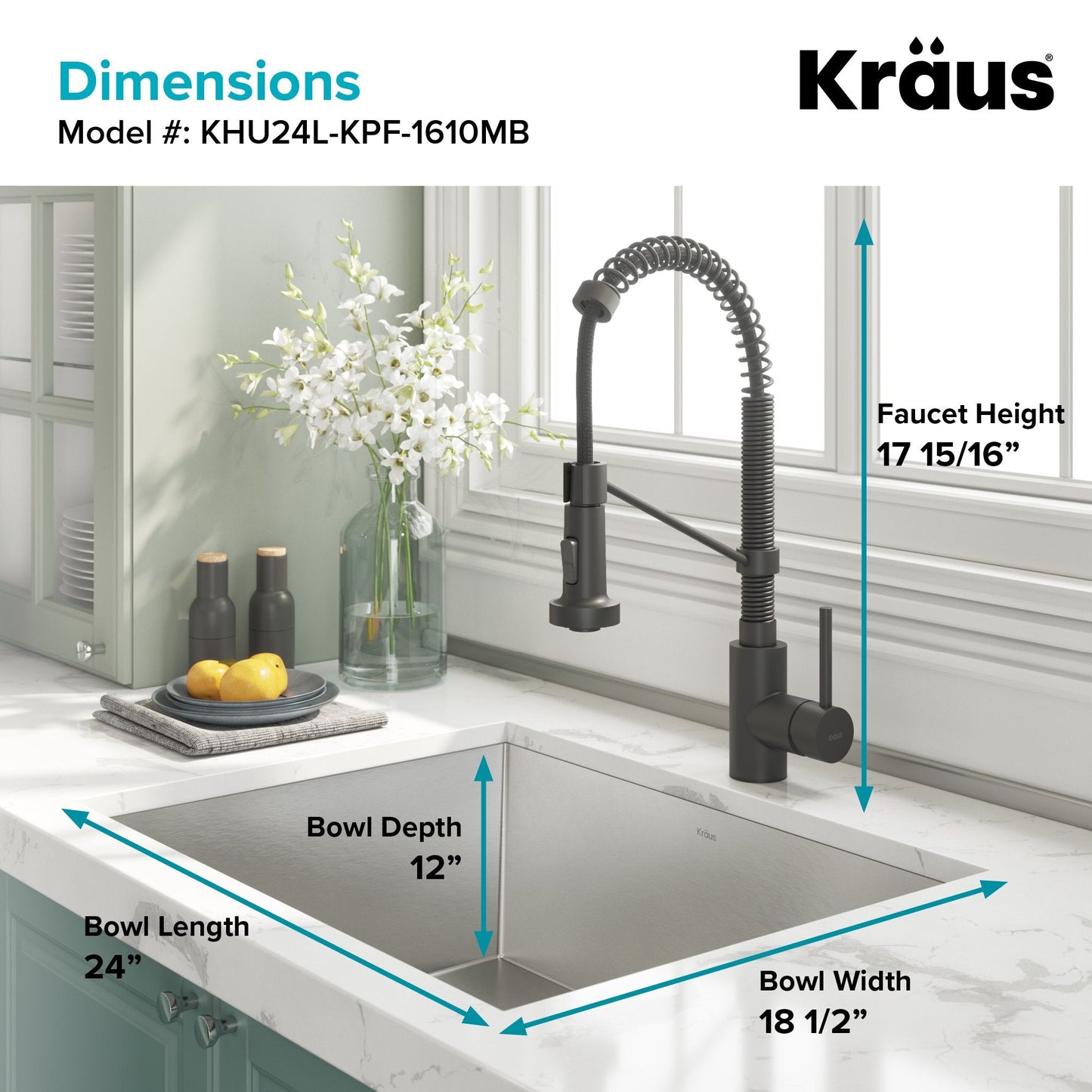 KRAUS 24" Stainless Steel Utility Sink and Kitchen Faucet - KHU24L-1610-53CH