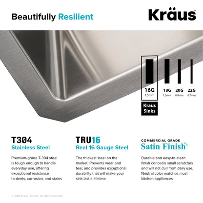 KRAUS 25" 16 Gauge Undermount Single Bowl Stainless Steel Kitchen Sink with Off Center Drain - KHU111-25