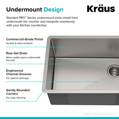 KRAUS 25" 16 Gauge Undermount Single Bowl Stainless Steel Kitchen Sink with Off Center Drain - KHU111-25