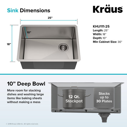 KRAUS 25" 16 Gauge Undermount Single Bowl Stainless Steel Kitchen Sink with Off Center Drain - KHU111-25