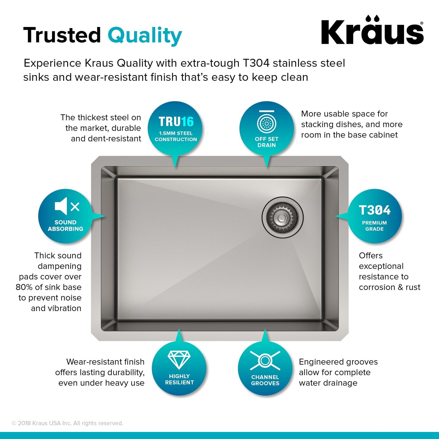 KRAUS 25" 16 Gauge Undermount Single Bowl Stainless Steel Kitchen Sink with Off Center Drain - KHU111-25