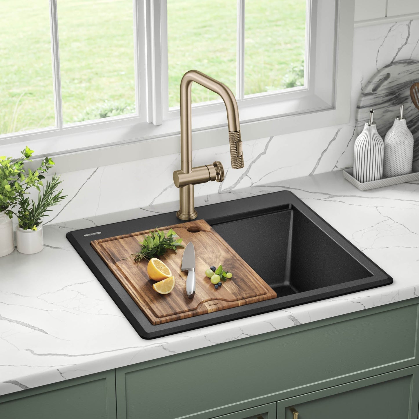 KRAUS 25” Drop-In Granite Composite Workstation Kitchen Sink in Metallic Black