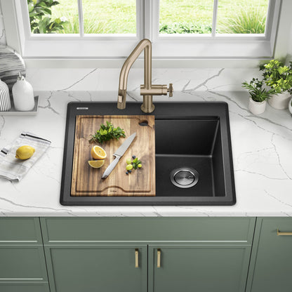 KRAUS 25” Drop-In Granite Composite Workstation Kitchen Sink in Metallic Black