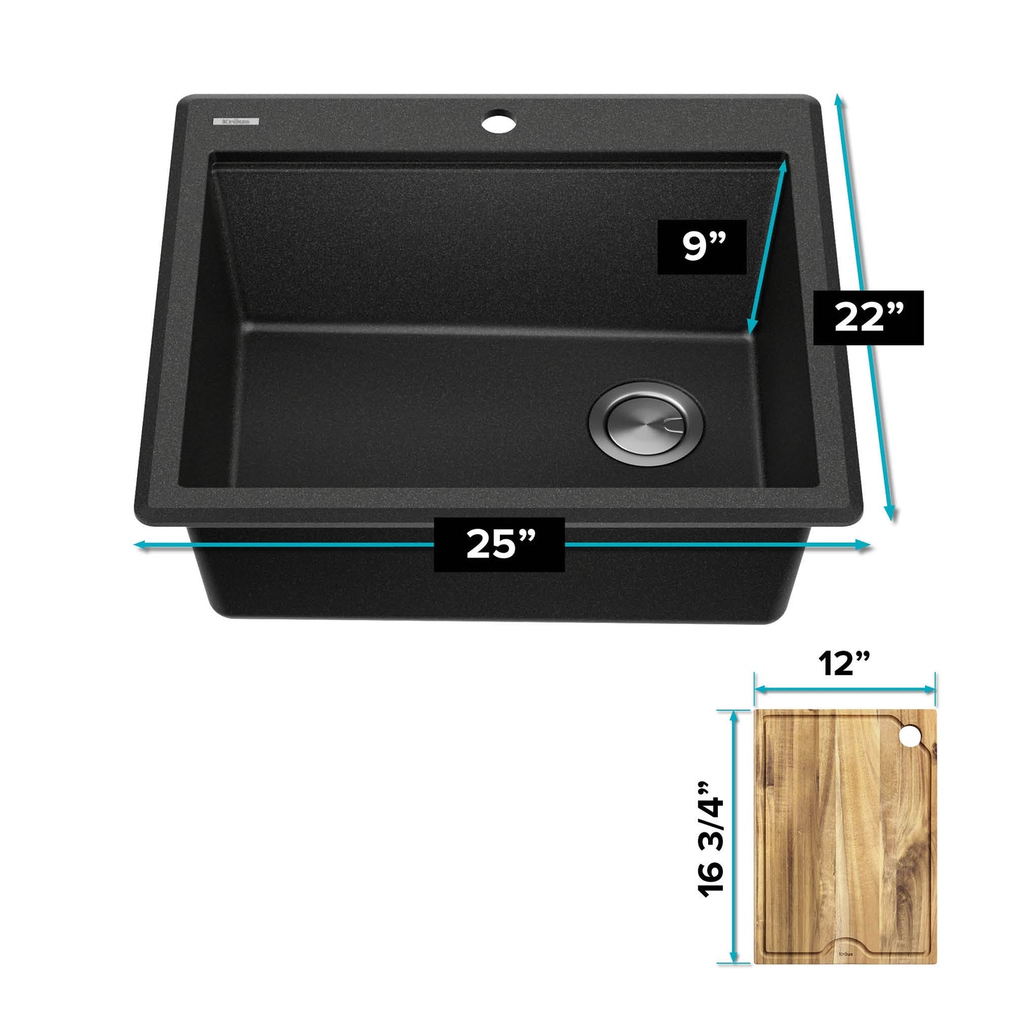 KRAUS 25” Drop-In Granite Composite Workstation Kitchen Sink in Metallic Black