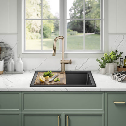 KRAUS 25” Drop-In Granite Composite Workstation Kitchen Sink in Metallic Black