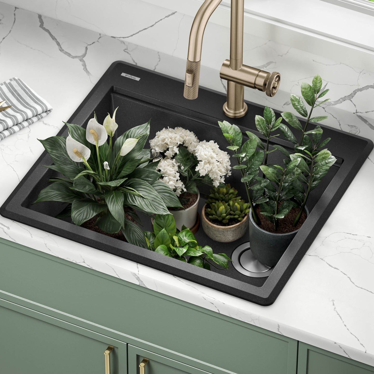 KRAUS 25” Drop-In Granite Composite Workstation Kitchen Sink in Metallic Black