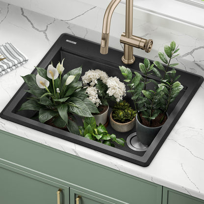 KRAUS 25” Drop-In Granite Composite Workstation Kitchen Sink in Metallic Black