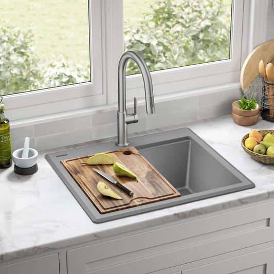 KRAUS 25” Drop-In Granite Composite Workstation Kitchen Sink in Metallic Grey - KGTW12-25MGR