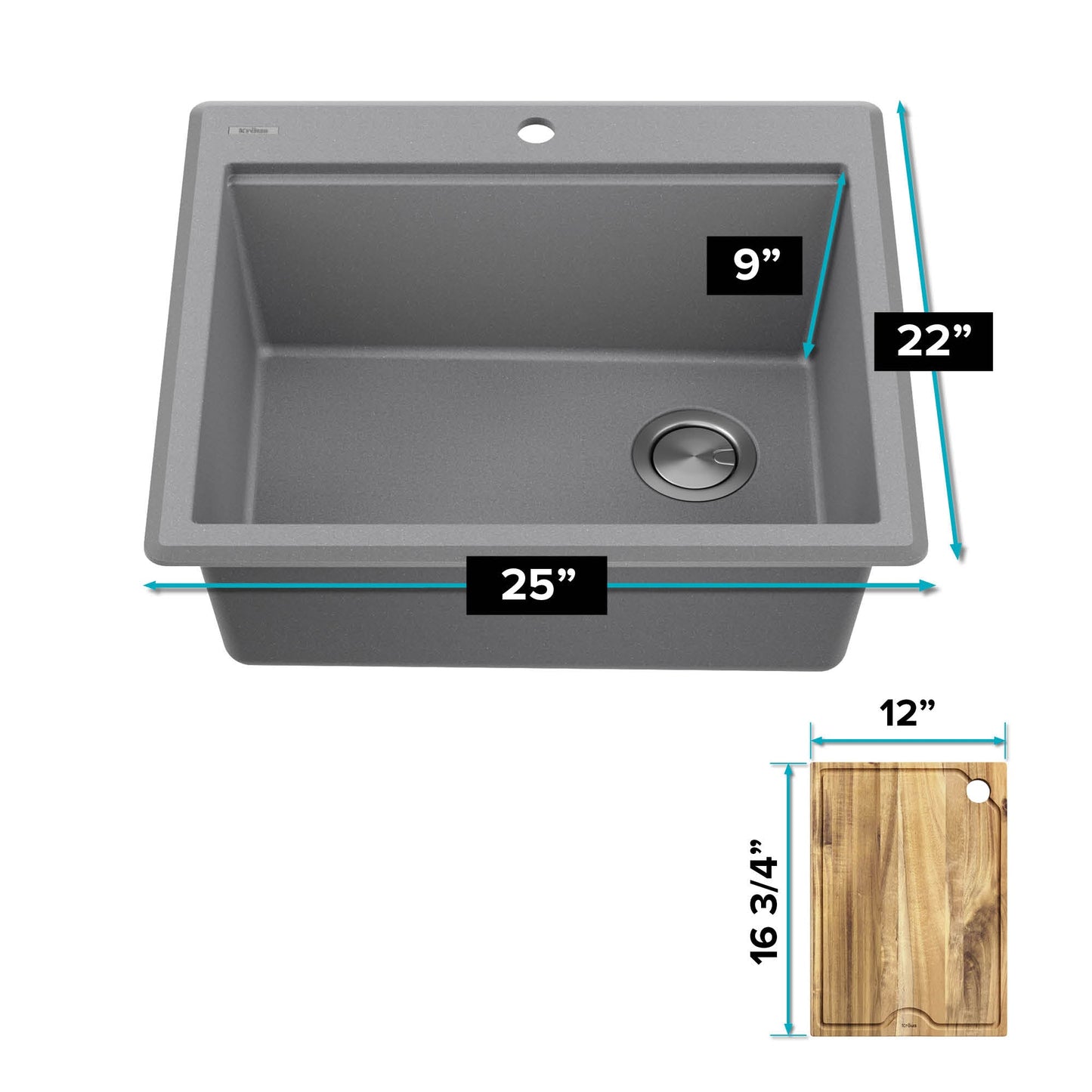 KRAUS 25” Drop-In Granite Composite Workstation Kitchen Sink in Metallic Grey - KGTW12-25MGR