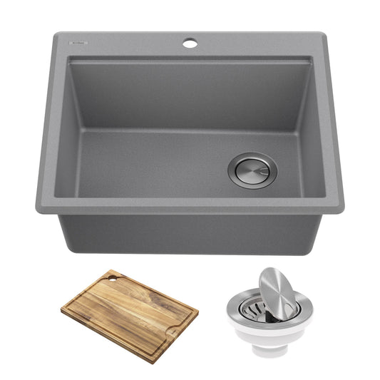 KRAUS 25” Drop-In Granite Composite Workstation Kitchen Sink in Metallic Grey - KGTW12-25MGR