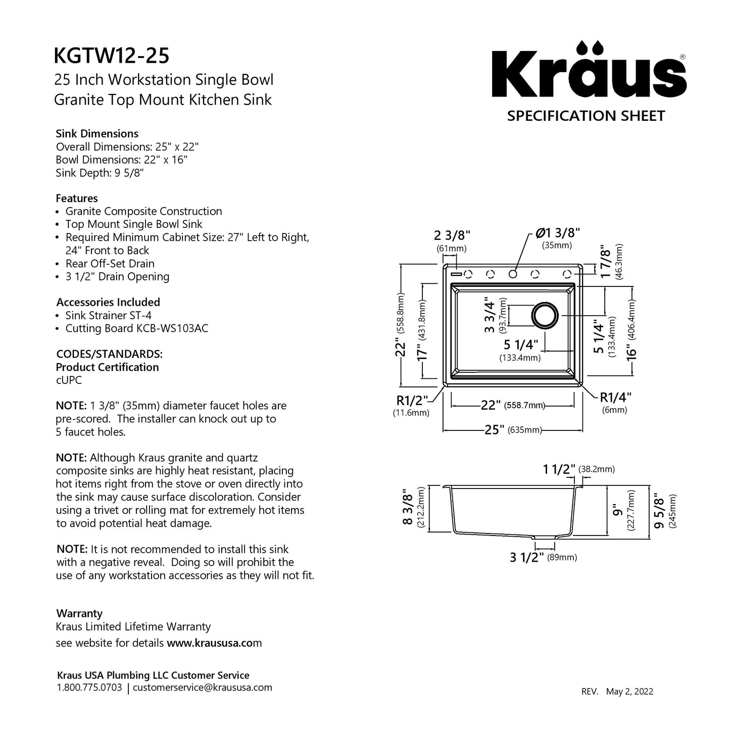 KRAUS 25” Drop-In Granite Composite Workstation Kitchen Sink in White - KGTW12-25WH