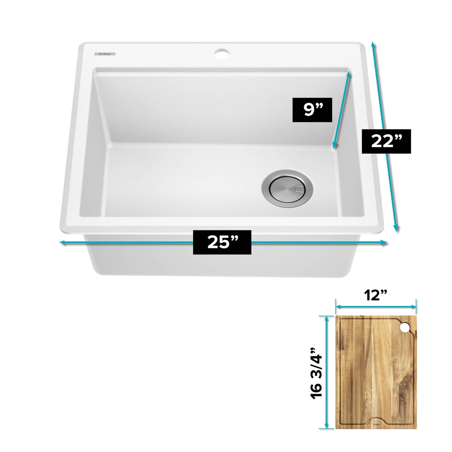 KRAUS 25” Drop-In Granite Composite Workstation Kitchen Sink in White - KGTW12-25WH