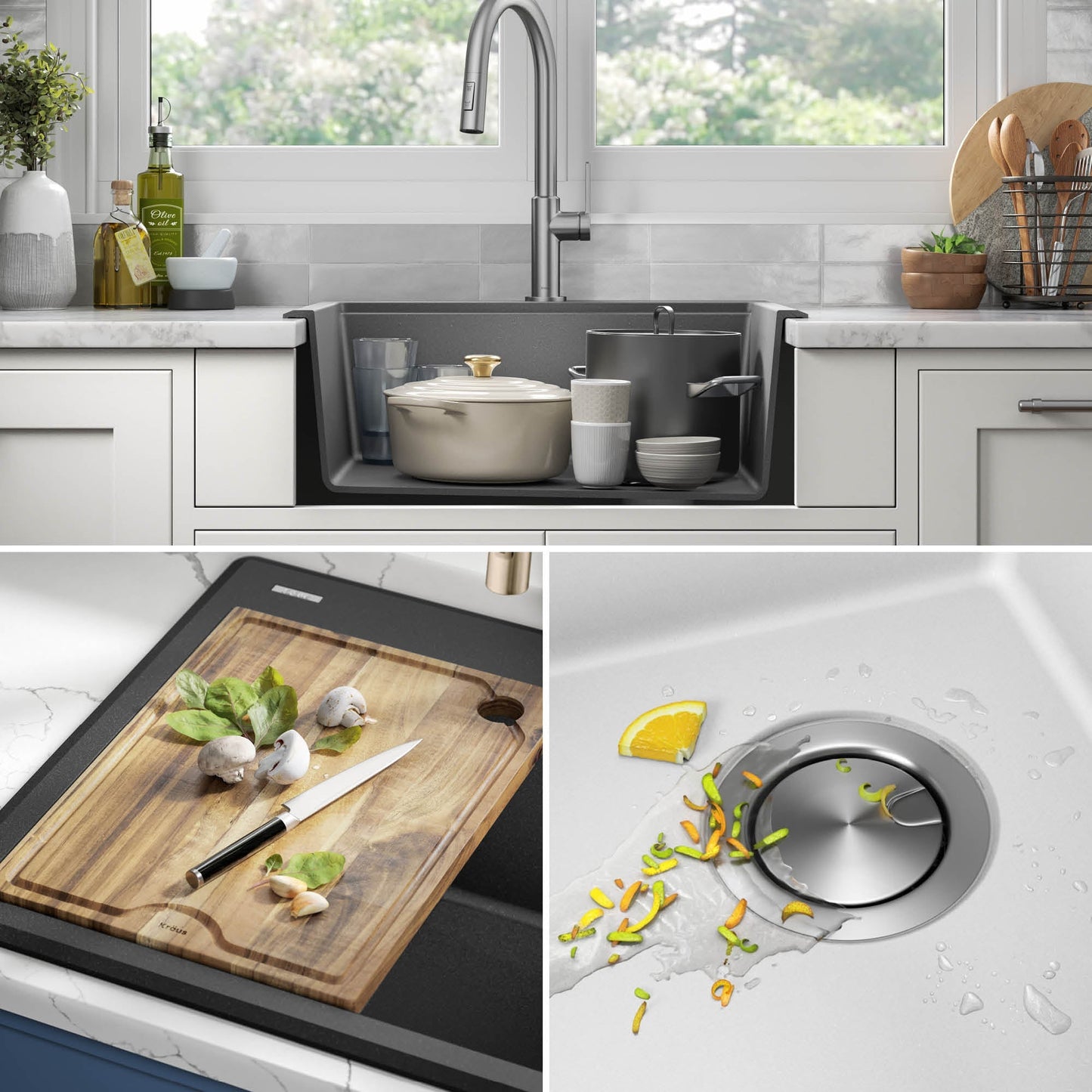 KRAUS 25” Drop-In Granite Composite Workstation Kitchen Sink in White - KGTW12-25WH