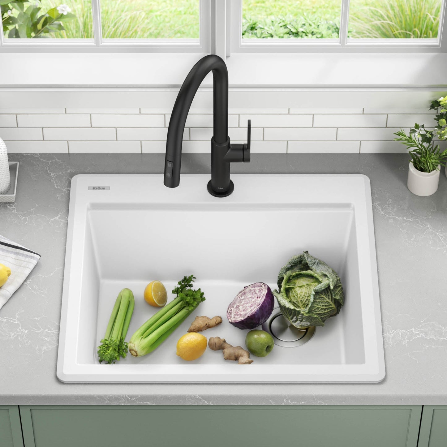 KRAUS 25” Drop-In Granite Composite Workstation Kitchen Sink in White - KGTW12-25WH