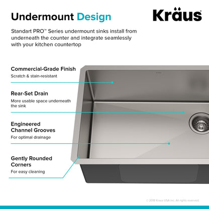 KRAUS 27" 16 Gauge Undermount Single Bowl Stainless Steel Kitchen Sink with Off Center Drain - KHU110-27