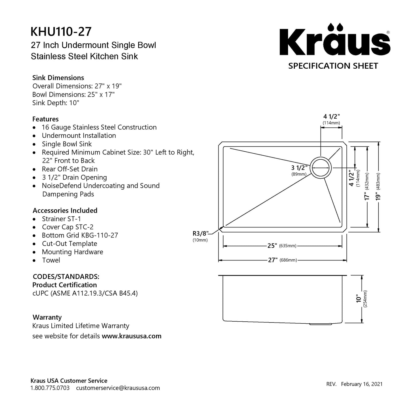 KRAUS 27" 16 Gauge Undermount Single Bowl Stainless Steel Kitchen Sink with Off Center Drain - KHU110-27