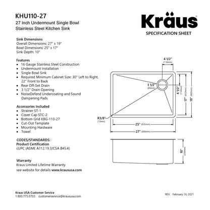 KRAUS 27" 16 Gauge Undermount Single Bowl Stainless Steel Kitchen Sink with Off Center Drain - KHU110-27