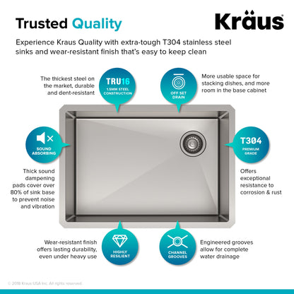 KRAUS 27" 16 Gauge Undermount Single Bowl Stainless Steel Kitchen Sink with Off Center Drain - KHU110-27