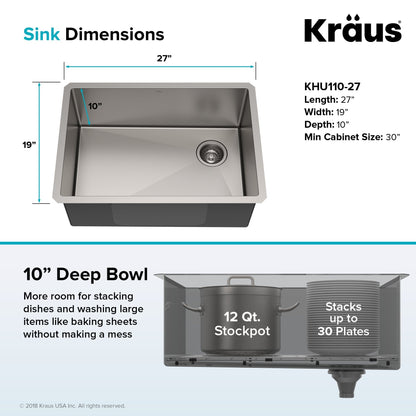 KRAUS 27" 16 Gauge Undermount Single Bowl Stainless Steel Kitchen Sink with Off Center Drain - KHU110-27