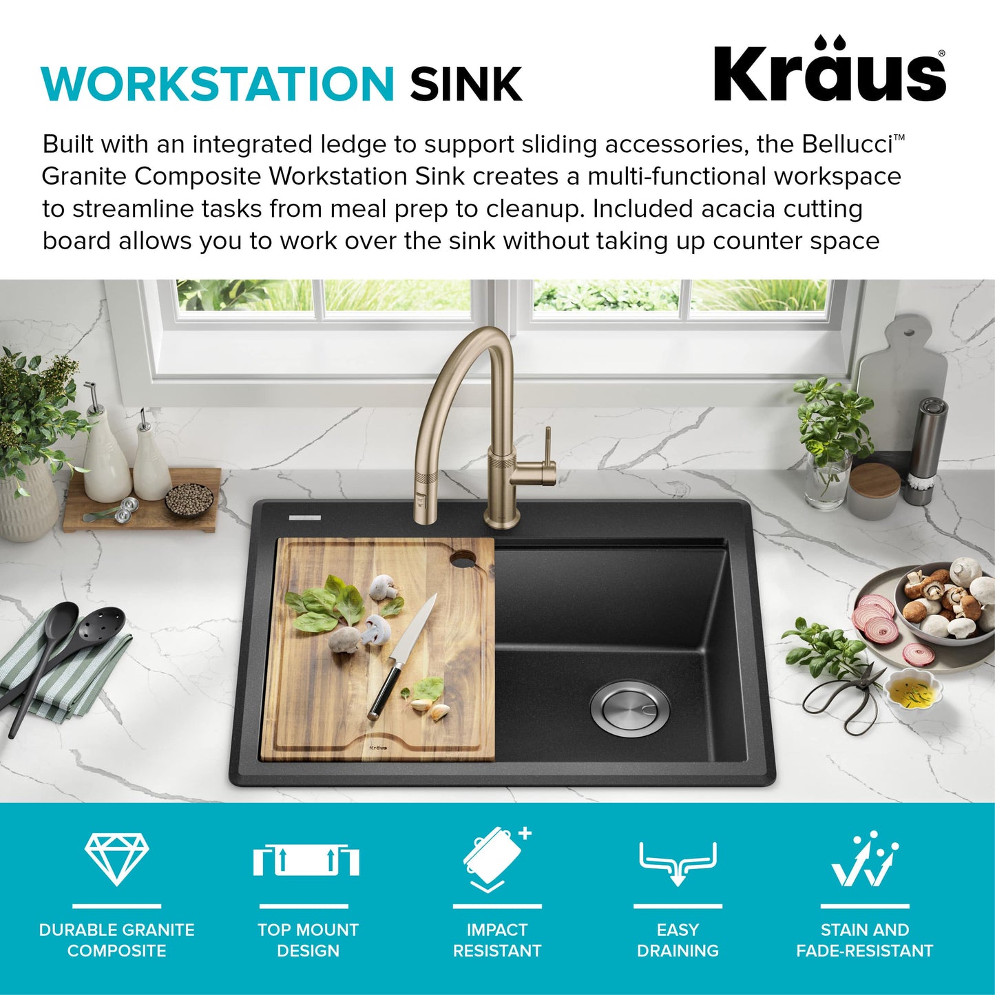 KRAUS 28” Drop-In Granite Composite Workstation Kitchen Sink in Metallic Black - KGTW12-28MBL