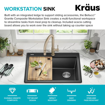 KRAUS 28” Drop-In Granite Composite Workstation Kitchen Sink in Metallic Black - KGTW12-28MBL