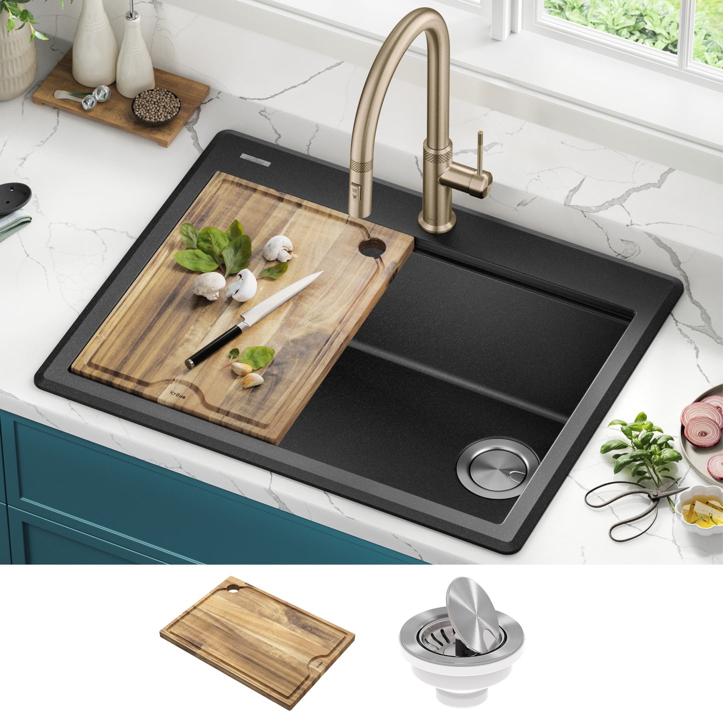 KRAUS 28” Drop-In Granite Composite Workstation Kitchen Sink in Metallic Black - KGTW12-28MBL