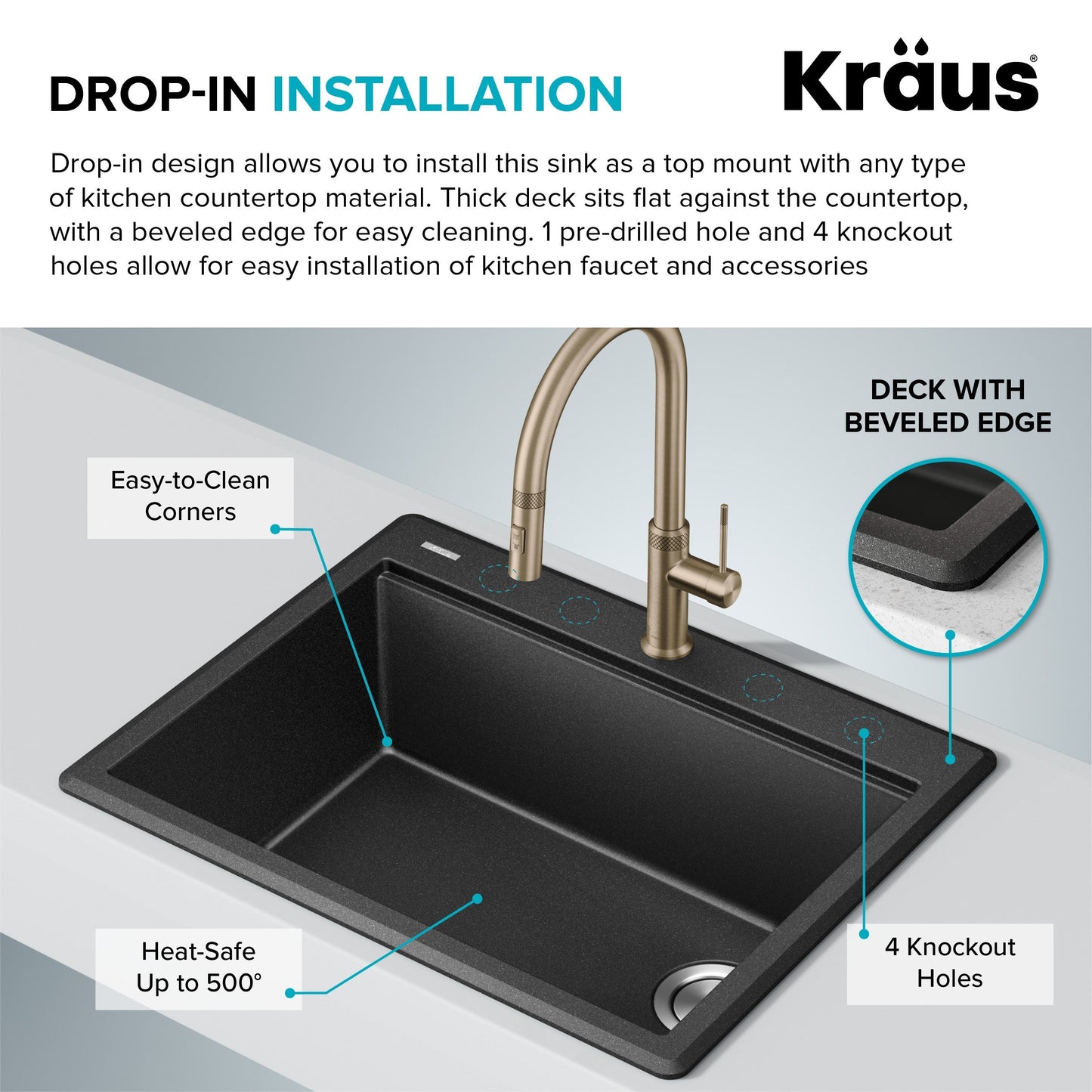 KRAUS 28” Drop-In Granite Composite Workstation Kitchen Sink in Metallic Black - KGTW12-28MBL