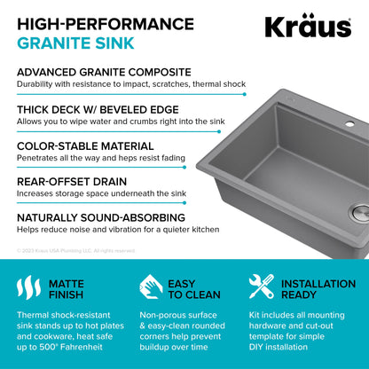 KRAUS 28” Drop-In Granite Composite Workstation Kitchen Sink in Metallic Grey - KGTW12-28MGR