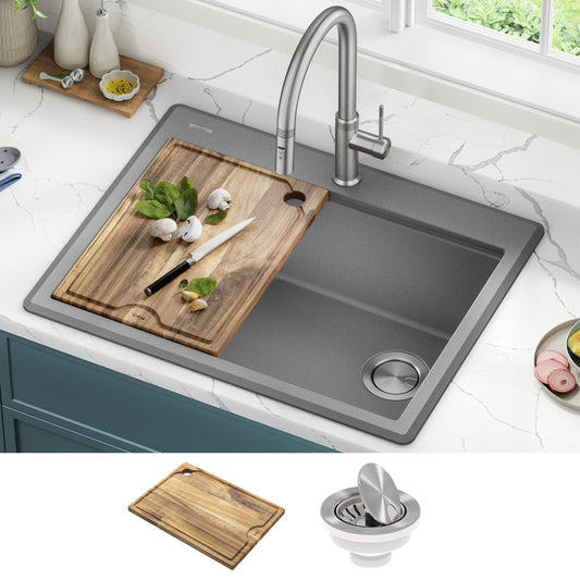 KRAUS 28” Drop-In Granite Composite Workstation Kitchen Sink in Metallic Grey - KGTW12-28MGR