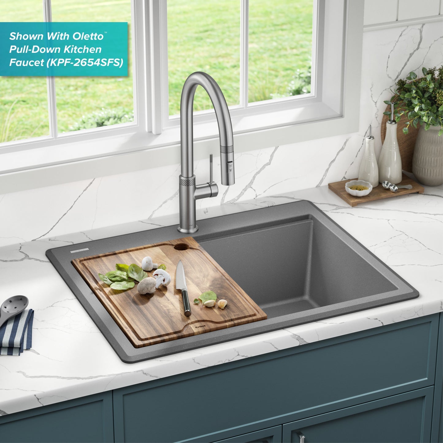 KRAUS 28” Drop-In Granite Composite Workstation Kitchen Sink in Metallic Grey - KGTW12-28MGR