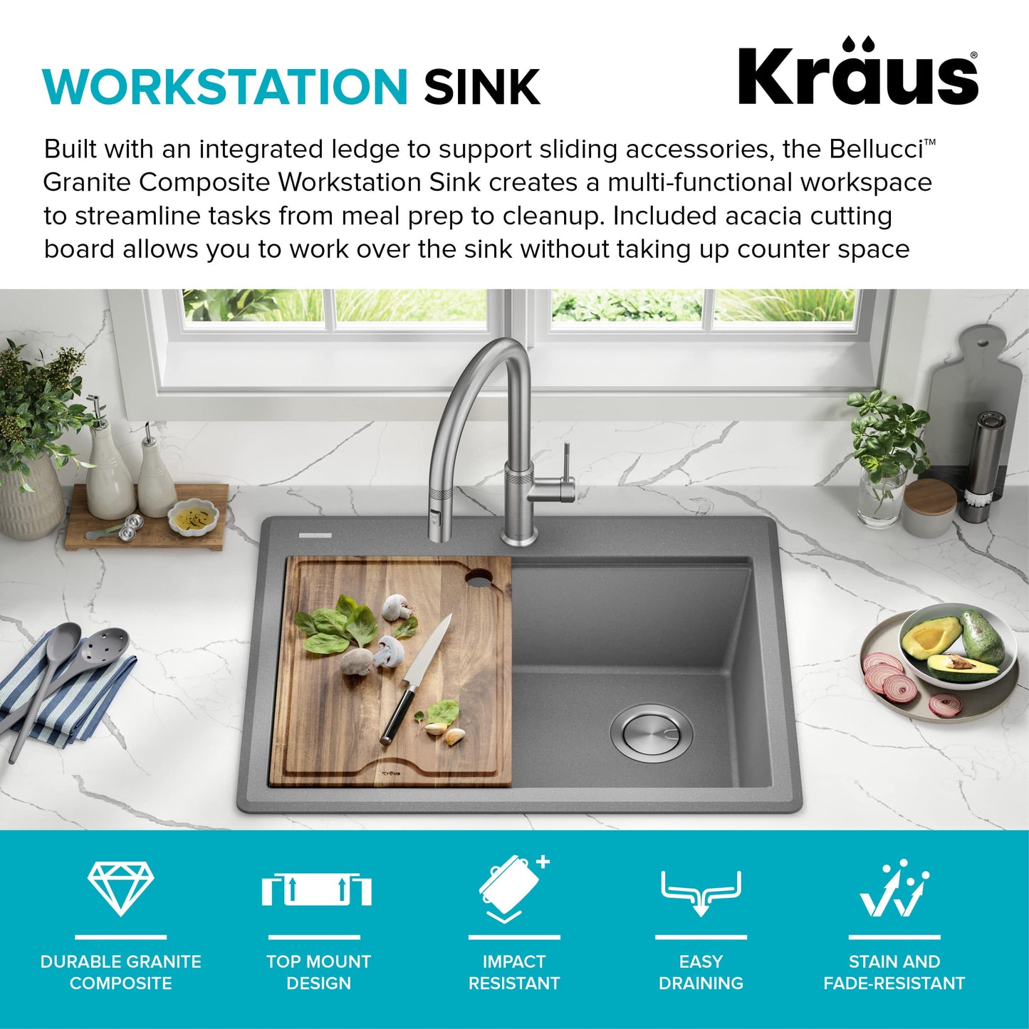 KRAUS 28” Drop-In Granite Composite Workstation Kitchen Sink in Metallic Grey - KGTW12-28MGR
