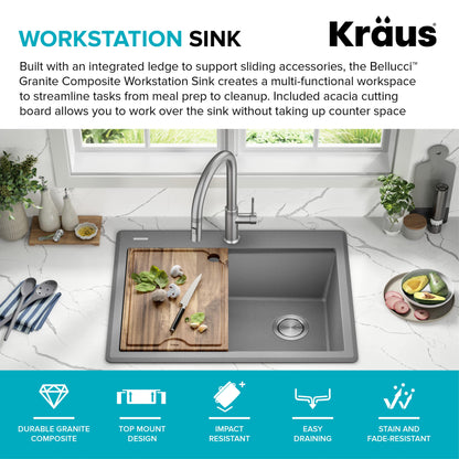 KRAUS 28” Drop-In Granite Composite Workstation Kitchen Sink in Metallic Grey - KGTW12-28MGR