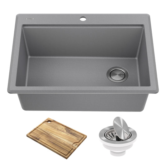 KRAUS 28” Drop-In Granite Composite Workstation Kitchen Sink in Metallic Grey - KGTW12-28MGR