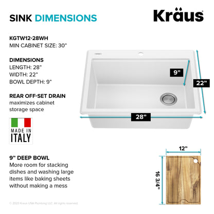 KRAUS 28” Drop-In Granite Composite Workstation Kitchen Sink in White - KGTW12-28WH