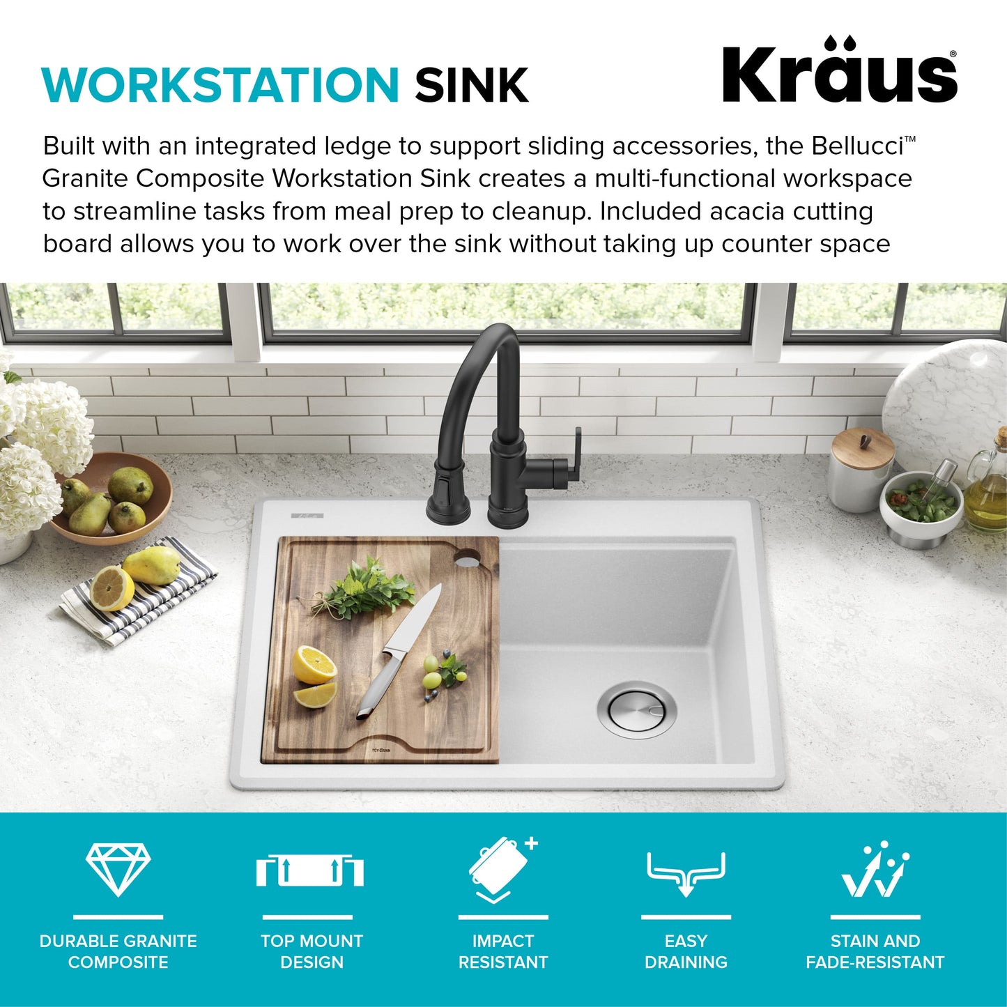 KRAUS 28” Drop-In Granite Composite Workstation Kitchen Sink in White - KGTW12-28WH