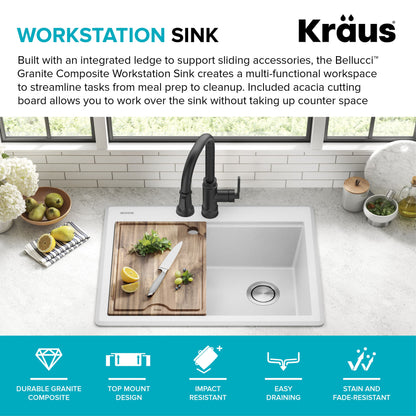 KRAUS 28” Drop-In Granite Composite Workstation Kitchen Sink in White - KGTW12-28WH