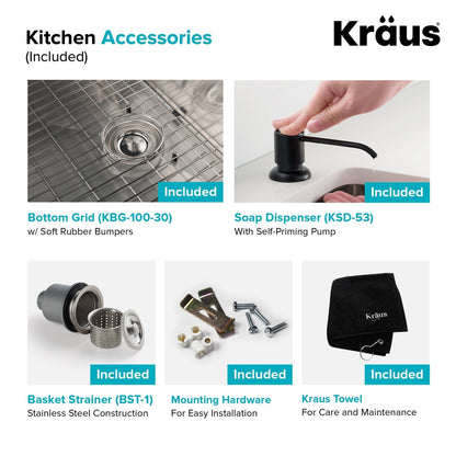 KRAUS 30" Stainless Steel Kitchen Sink and Kitchen Faucet - KHU100-30-1610-53CH