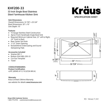 KRAUS 33" Farmhouse Single Bowl Stainless Steel Kitchen Sink with NoiseDefend Soundproofing - KHF200-33