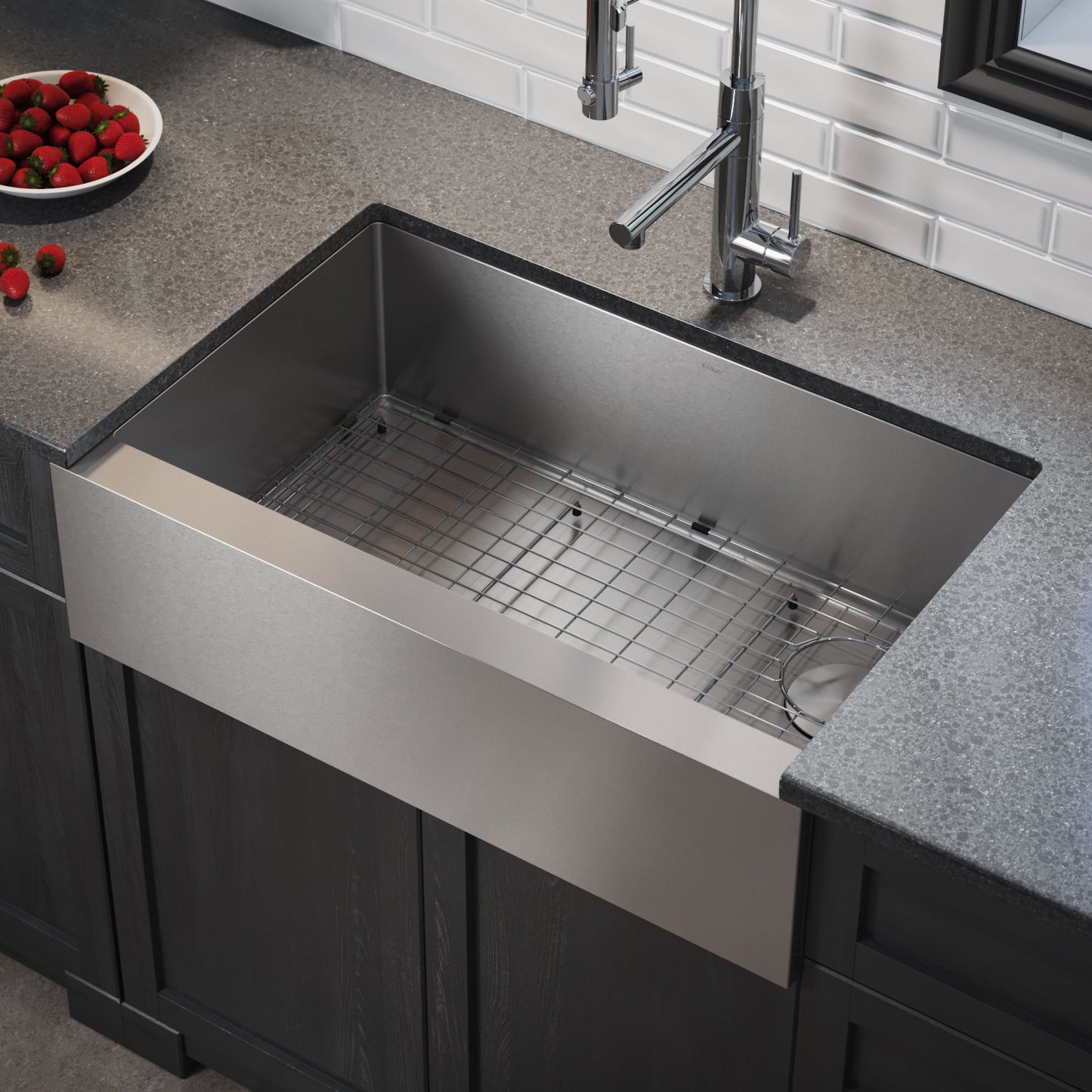 KRAUS 33" Modern Flat Front Farmhouse Stainless Steel Kitchen Sink with Off Center Drain - KHF410-33