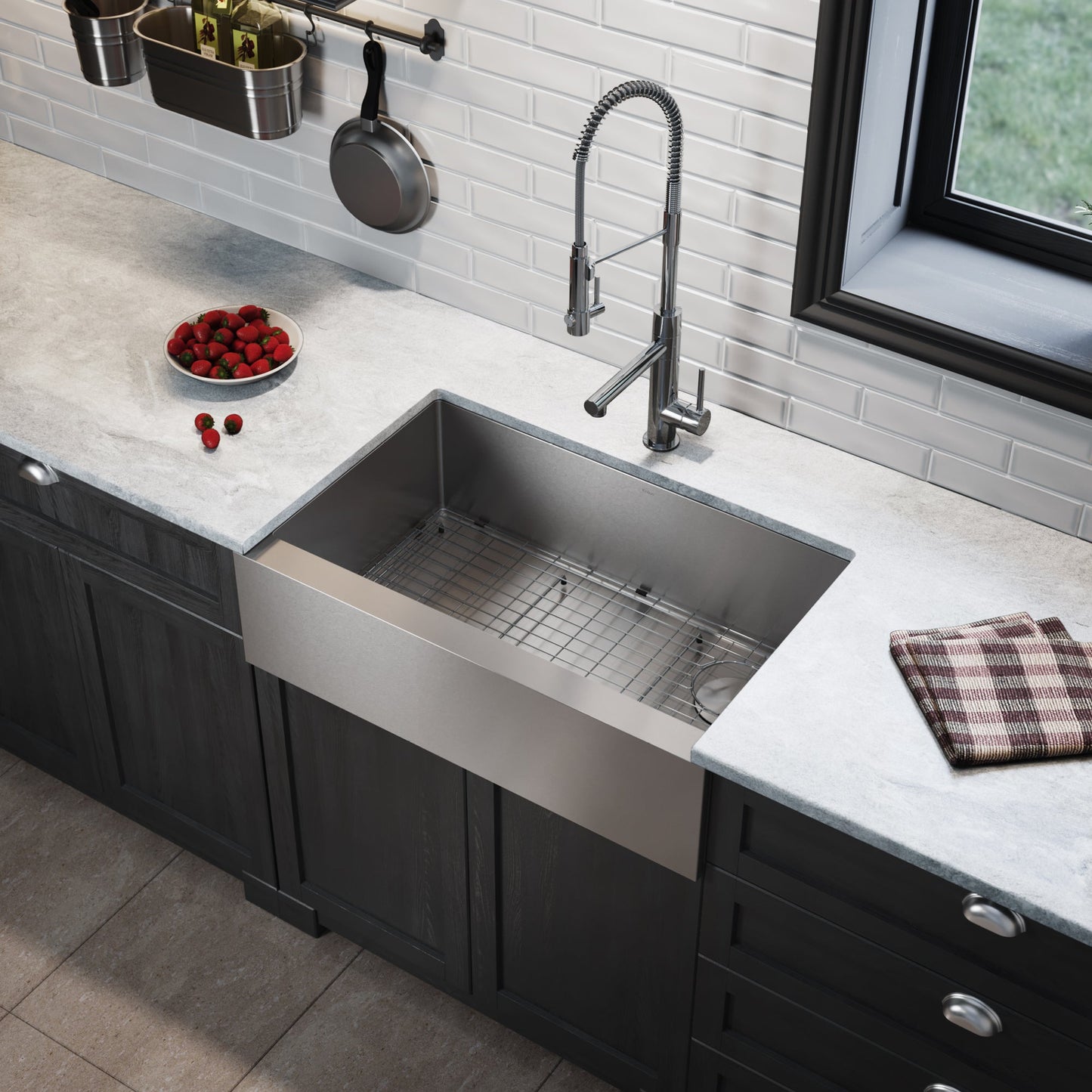 KRAUS 33" Modern Flat Front Farmhouse Stainless Steel Kitchen Sink with Off Center Drain - KHF410-33