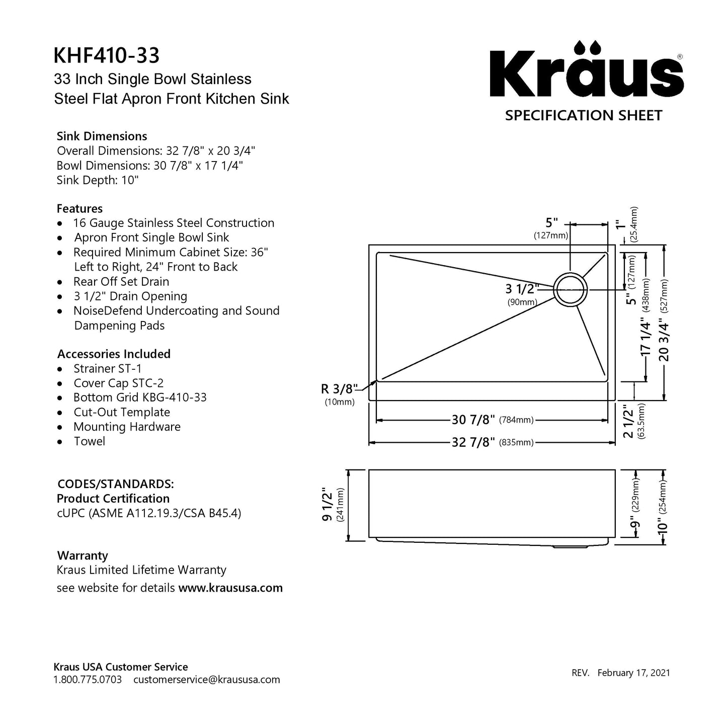 KRAUS 33" Modern Flat Front Farmhouse Stainless Steel Kitchen Sink with Off Center Drain - KHF410-33