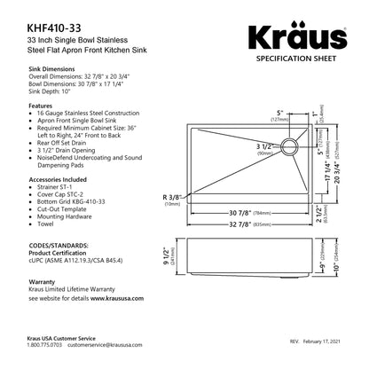 KRAUS 33" Modern Flat Front Farmhouse Stainless Steel Kitchen Sink with Off Center Drain - KHF410-33