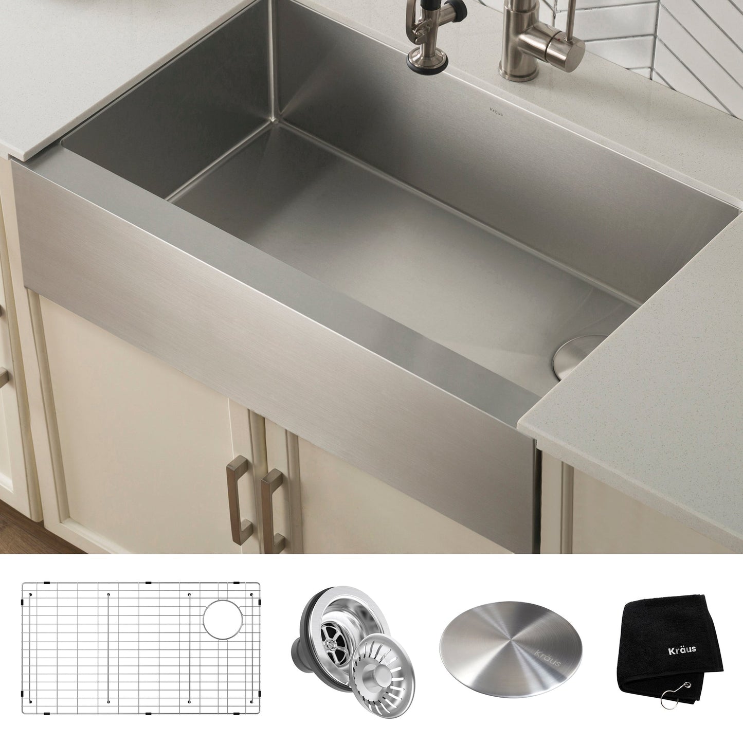 KRAUS 33" Modern Flat Front Farmhouse Stainless Steel Kitchen Sink with Off Center Drain - KHF410-33