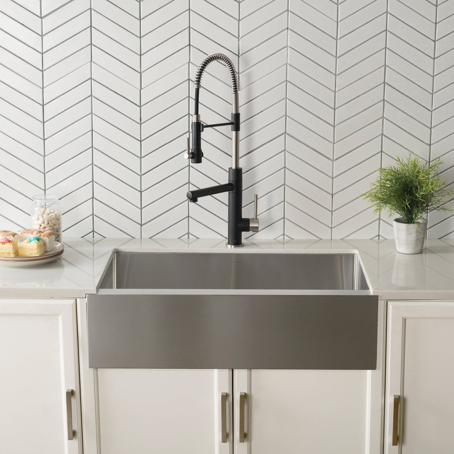 KRAUS 33" Modern Flat Front Farmhouse Stainless Steel Kitchen Sink with Off Center Drain - KHF410-33