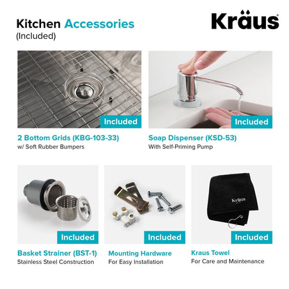 KRAUS 33" Stainless Steel Kitchen Sink and Kitchen Faucet - KHU103-33-1610-53CH