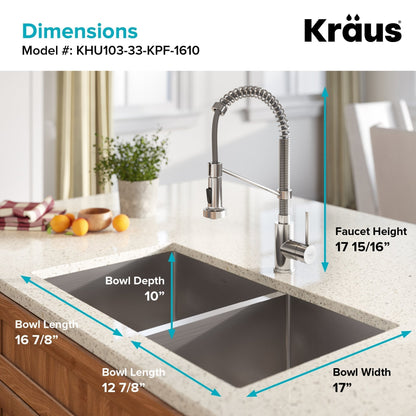 KRAUS 33" Stainless Steel Kitchen Sink and Kitchen Faucet - KHU103-33-1610-53CH