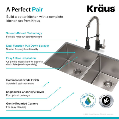 KRAUS 33" Stainless Steel Kitchen Sink and Kitchen Faucet - KHU103-33-1610-53CH