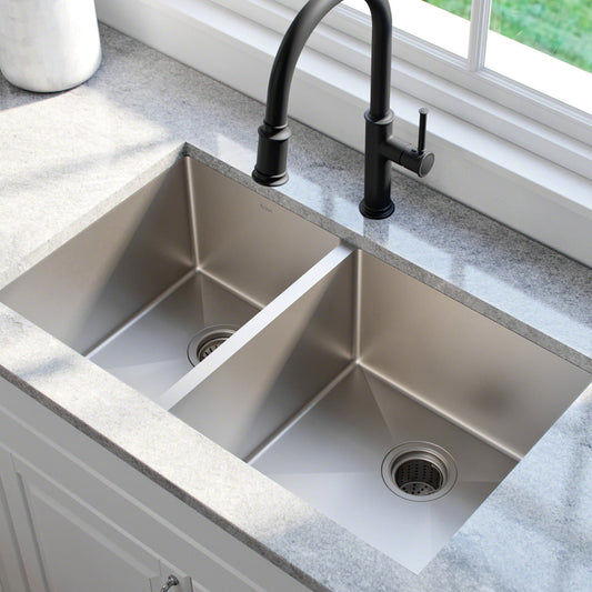 KRAUS 33" Undermount 40/60 Double Bowl 16 Gauge Stainless Steel Kitchen Sink with NoiseDefend Soundproofing - KHU104-33