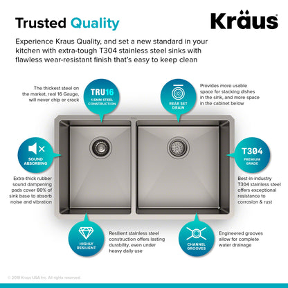 KRAUS 33" Undermount 40/60 Double Bowl 16 Gauge Stainless Steel Kitchen Sink with NoiseDefend Soundproofing - KHU104-33