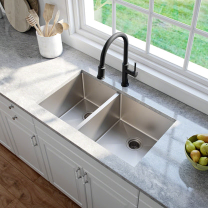 KRAUS 33" Undermount 40/60 Double Bowl 16 Gauge Stainless Steel Kitchen Sink with NoiseDefend Soundproofing - KHU104-33